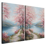 Impression sur toile modulaire Tableau représentant un sentier au bord d'un lac, parsemé de fleurs roses