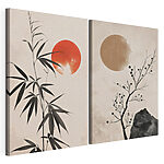 Impression sur toile modulaire Deux images de plantes et un soleil rouge