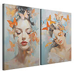 Impression sur toile modulaire Collage représentant une femme avec des papillons dans les cheveux