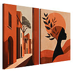 Impression sur toile modulaire Une femme coiffée d'un chapeau, dans une rue bordée d'immeubles