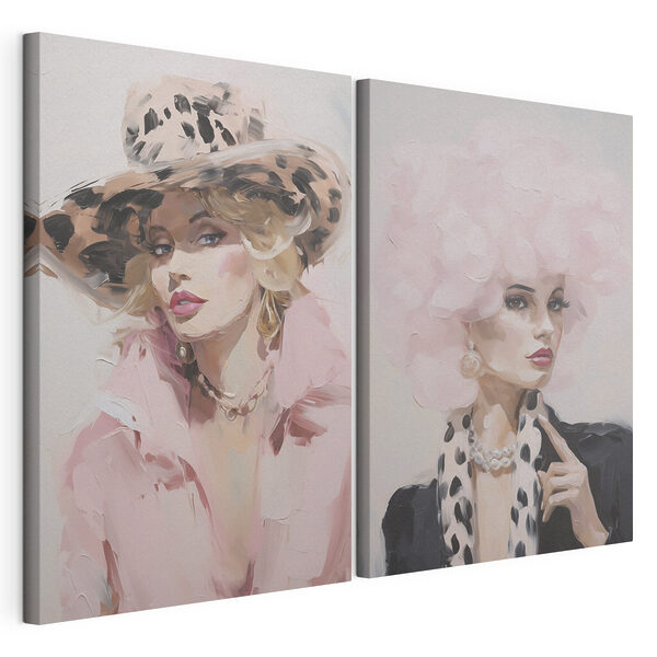 Impression sur toile modulaire Collage représentant une femme portant un chapeau rose