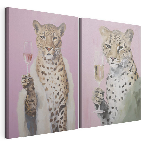 Impression sur toile modulaire Tableau représentant un guépard tenant un verre de vin