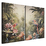 Impression sur toile modulaire Deux perroquets perchés sur une branche d'arbre dans une forêt