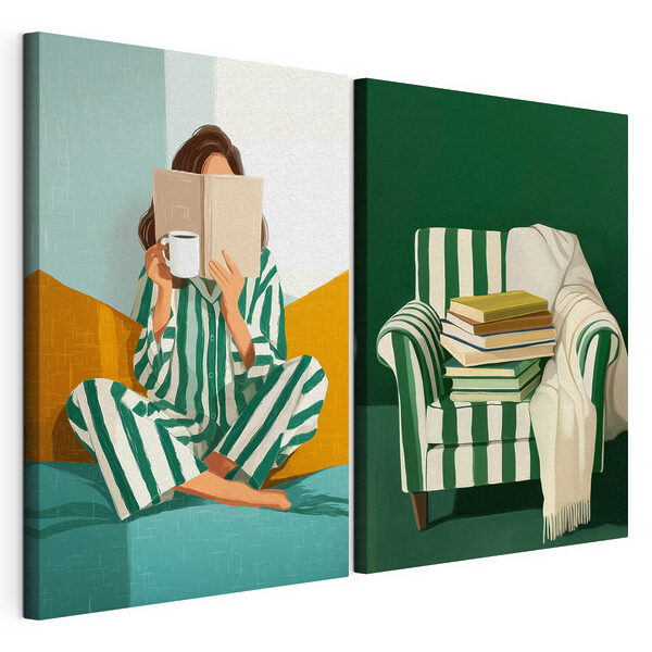Impression sur toile modulaire Une femme en pyjama en train de lire un livre, avec une pile de livres à côté d'elle